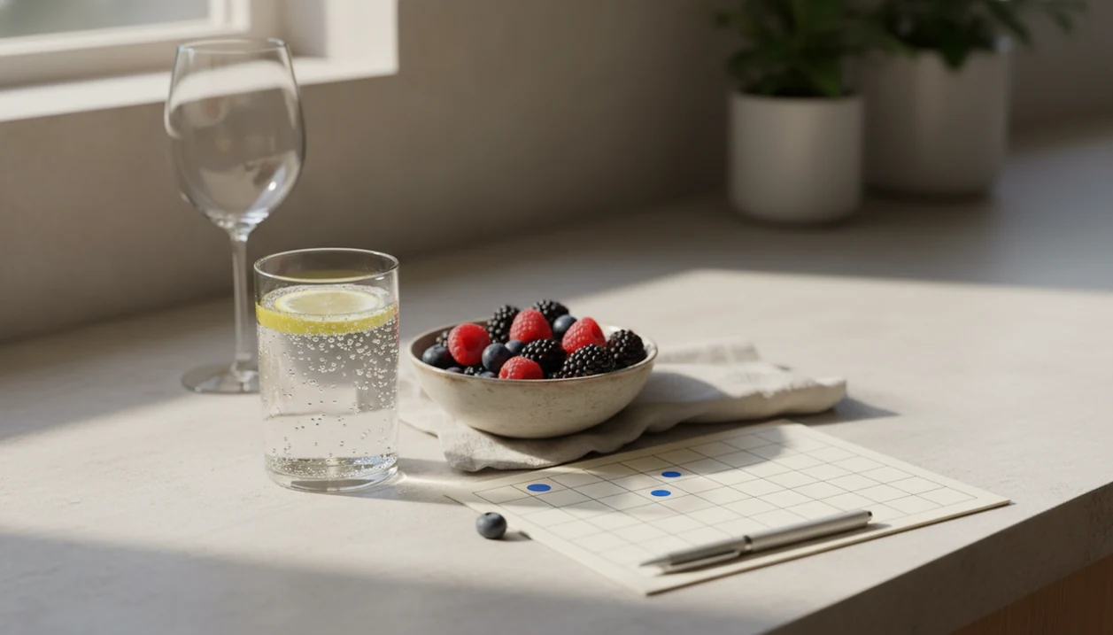 A calm kitchen still life shows wine set aside beside sparkling water and a blank 31-day tracker.
