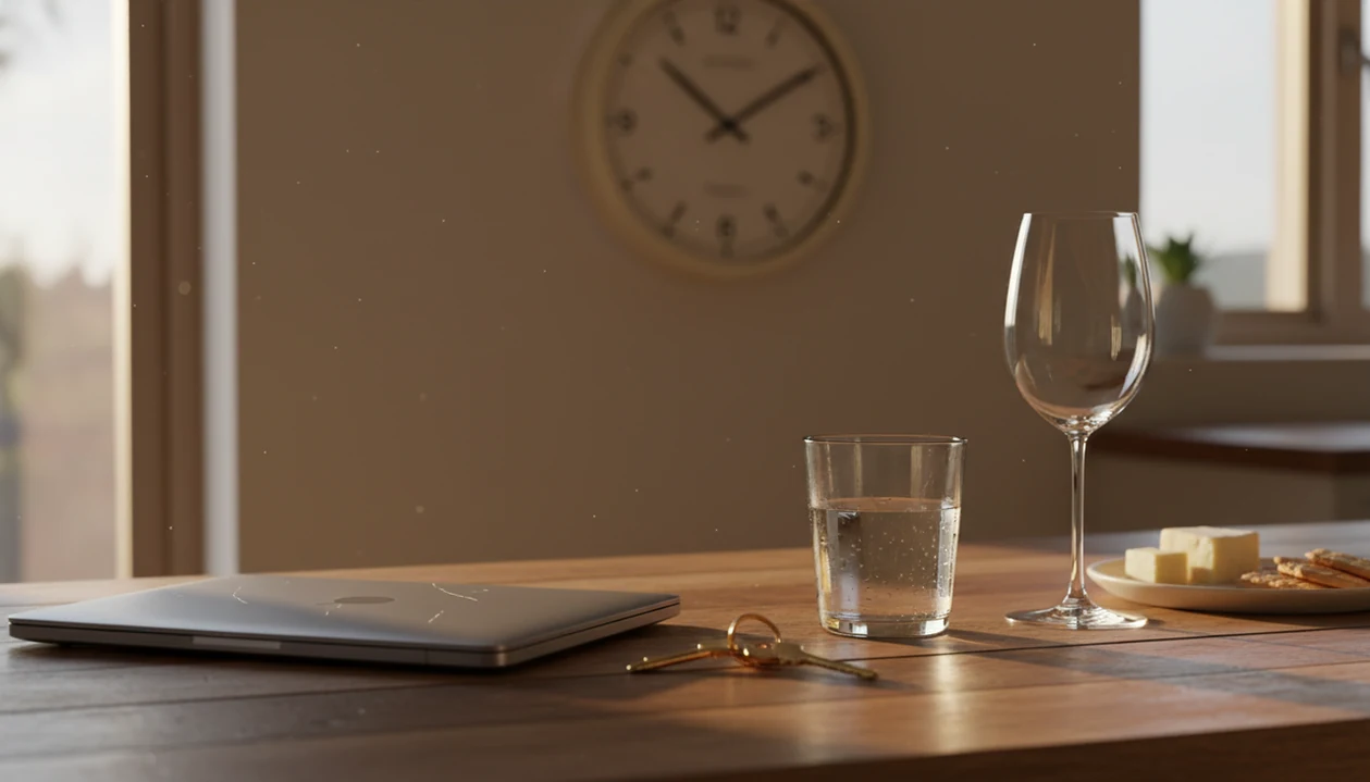 A kitchen counter shows workday items, an empty wine glass, and a clock set to five in evening light.