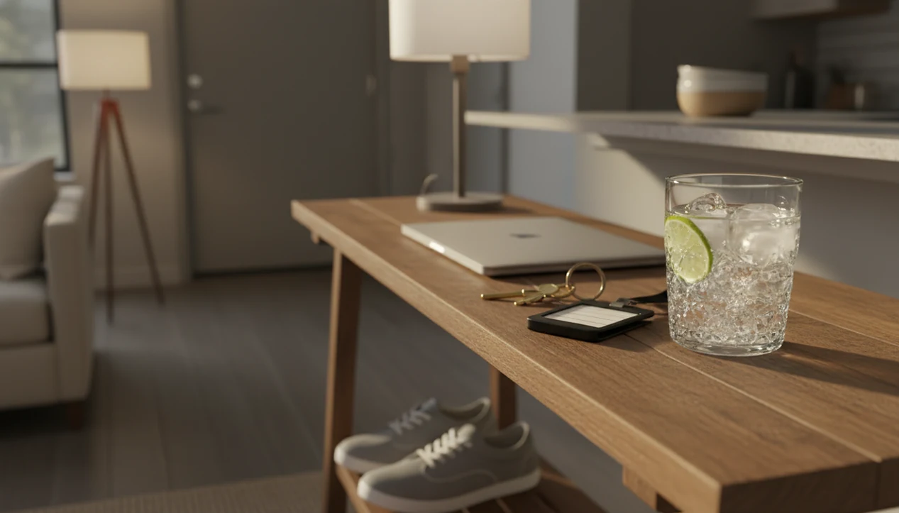 A closed laptop, sparkling water with lime, keys, and walking shoes suggest an alcohol-free after-work routine.