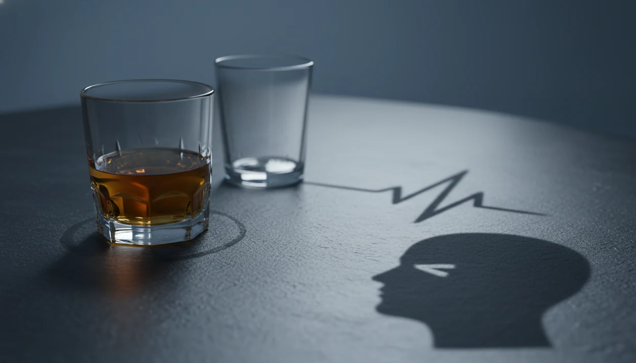 A glass of alcohol casts abstract shadows suggesting heartbeat irregularity and headache risk.