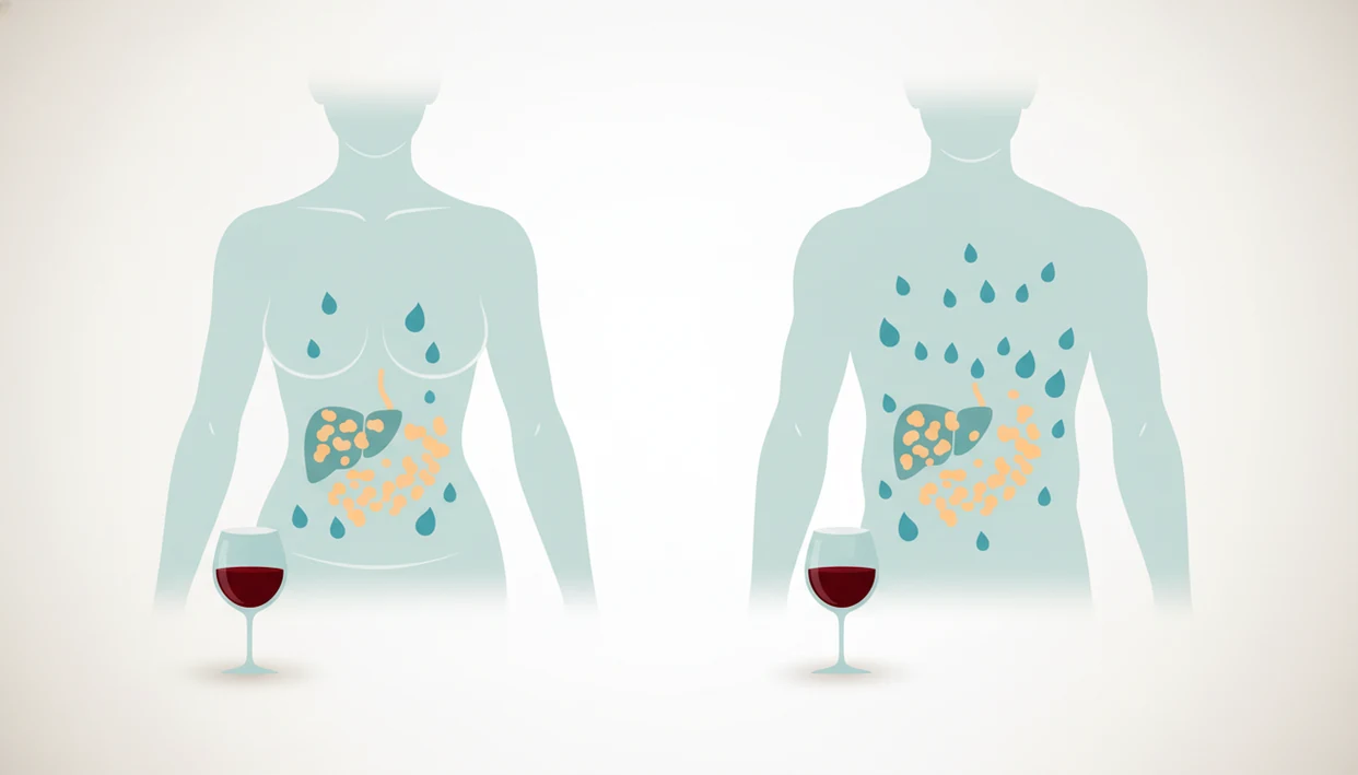 Illustration comparing how the same glass of wine can concentrate differently in women’s and men’s bodies.