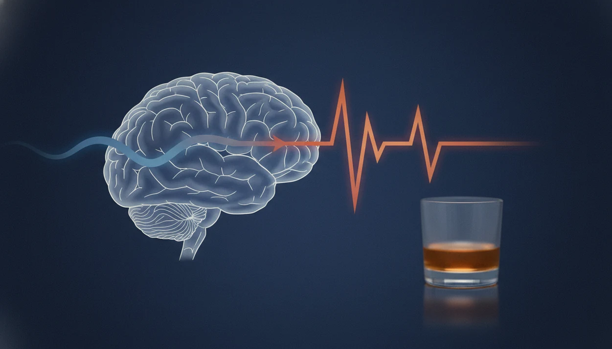 An abstract brain illustration shows calm blue waves and sharper amber signals beside a glass.