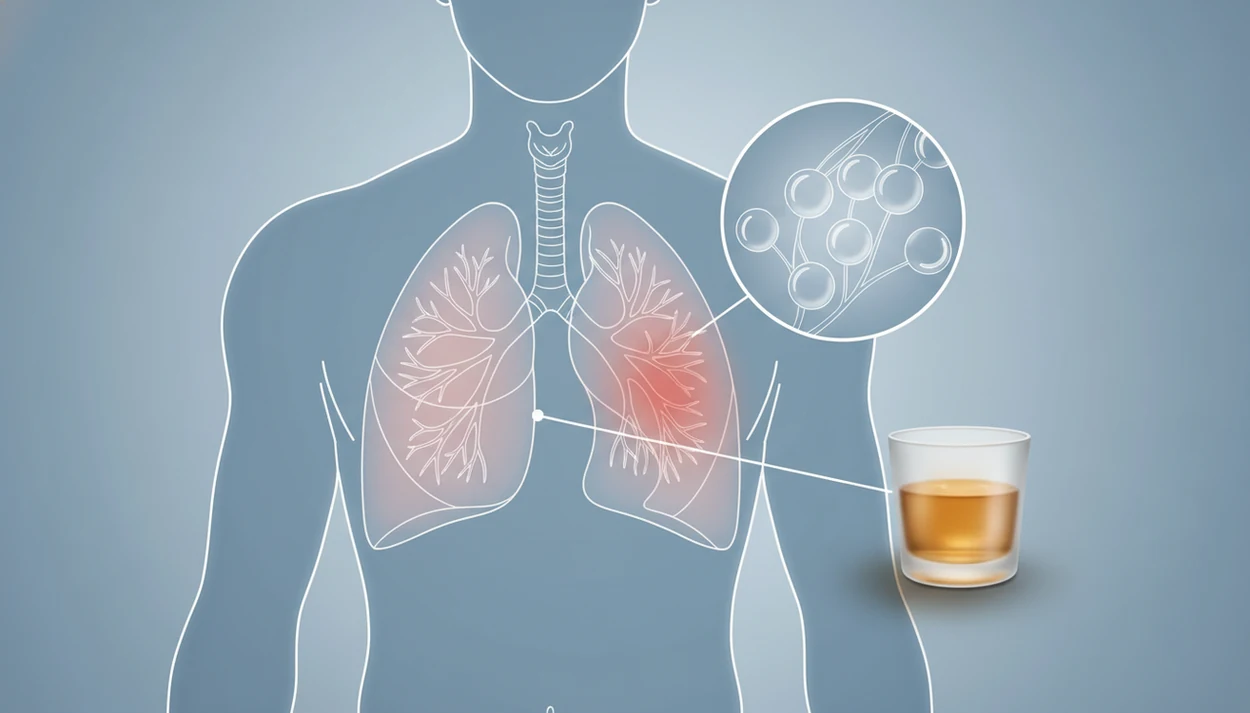 A medical illustration shows lungs and inflamed alveoli beside a glass of alcohol, symbolizing ARDS risk.