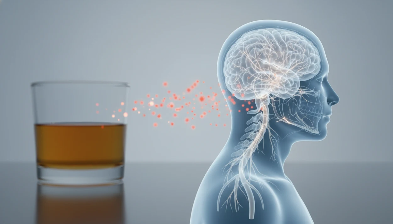 A medical-style illustration shows alcohol near a glowing nervous system with subtle inflammation signals.