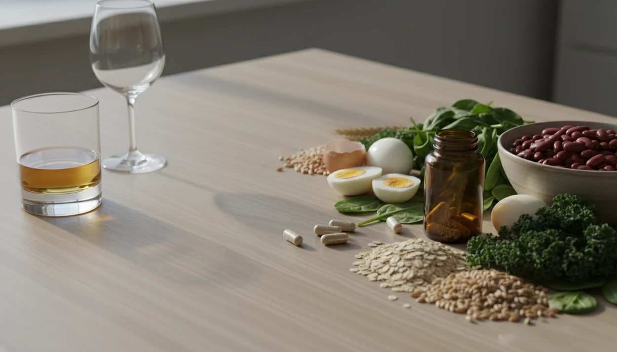 Alcohol glasses sit apart from B-vitamin-rich foods and an unlabelled supplement bottle on a kitchen table.