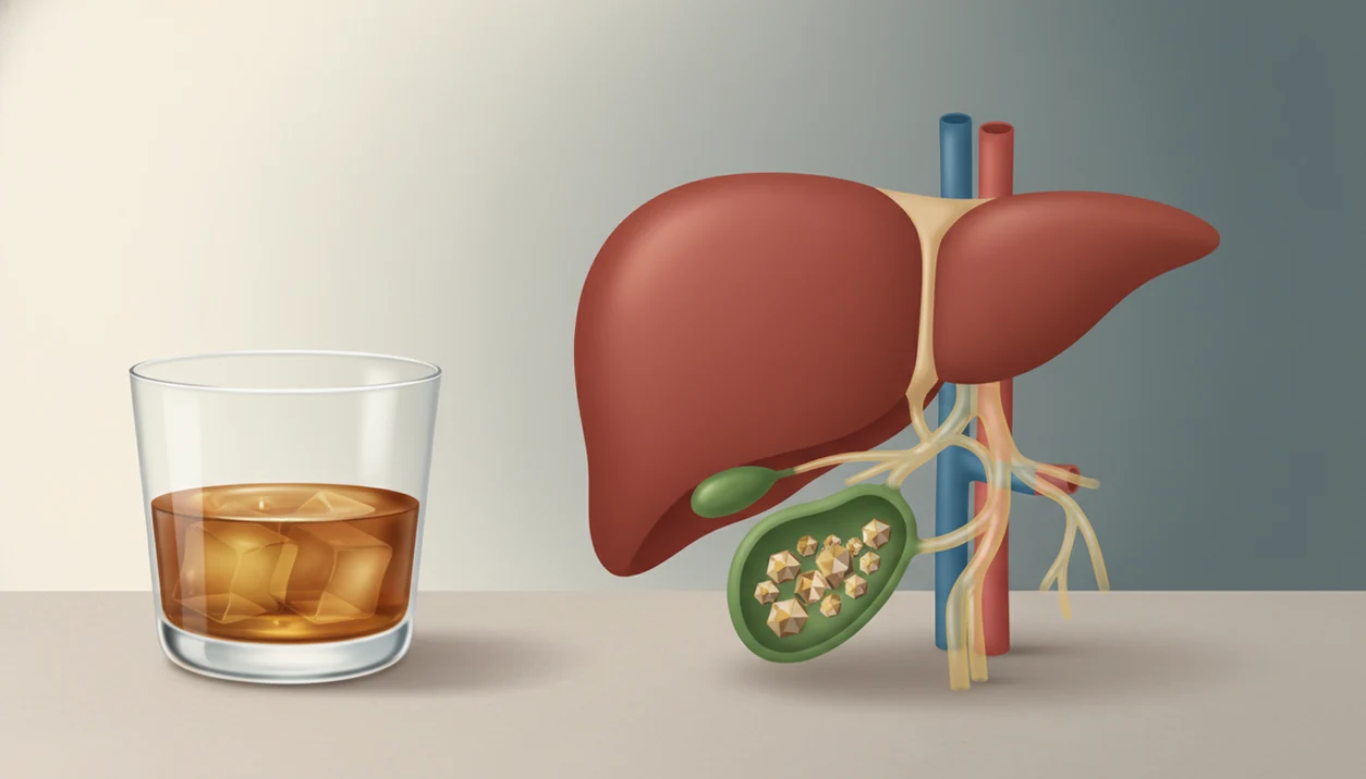 A medical-style illustration shows alcohol beside the liver, gallbladder, bile ducts, and small gallstones.