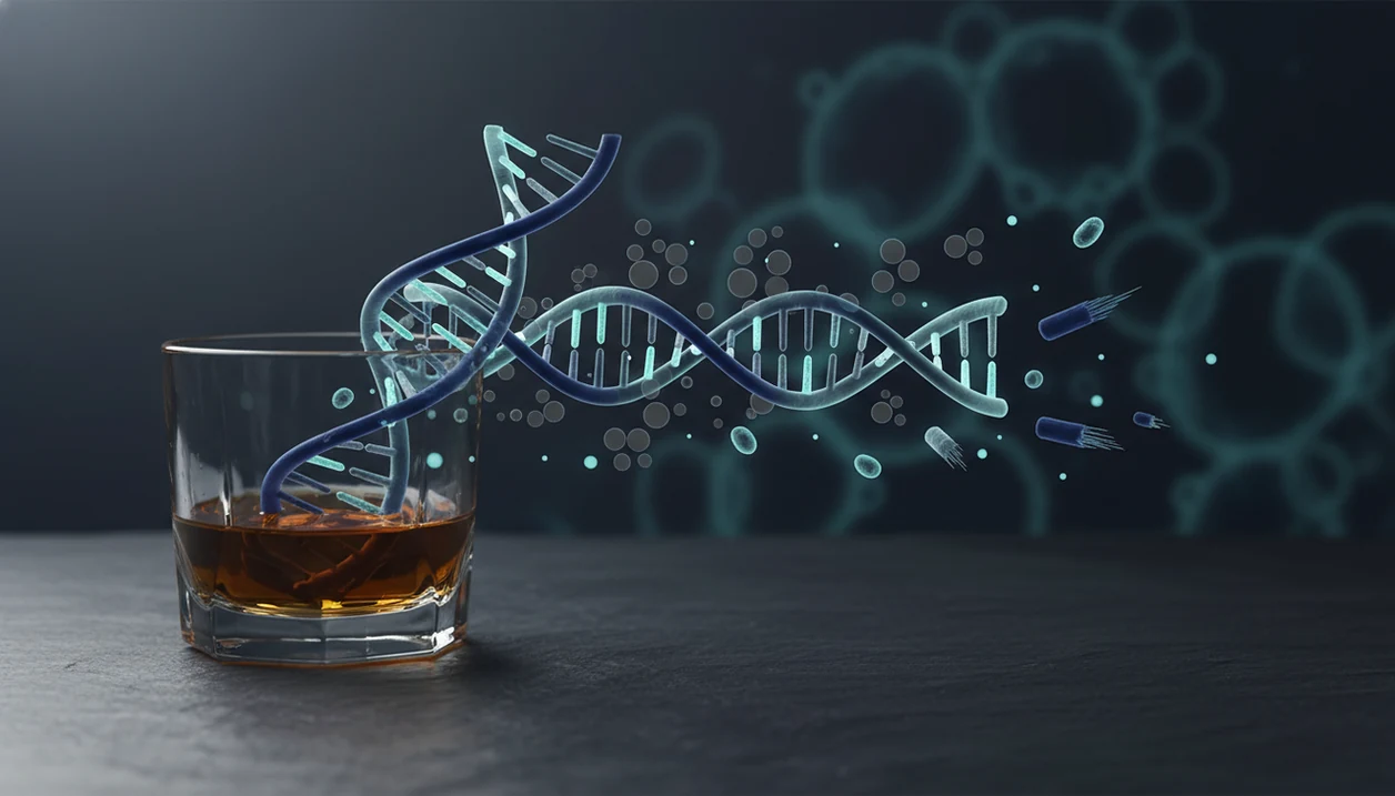 A glass of alcohol blends into DNA and cellular aging symbols in a dark scientific illustration.