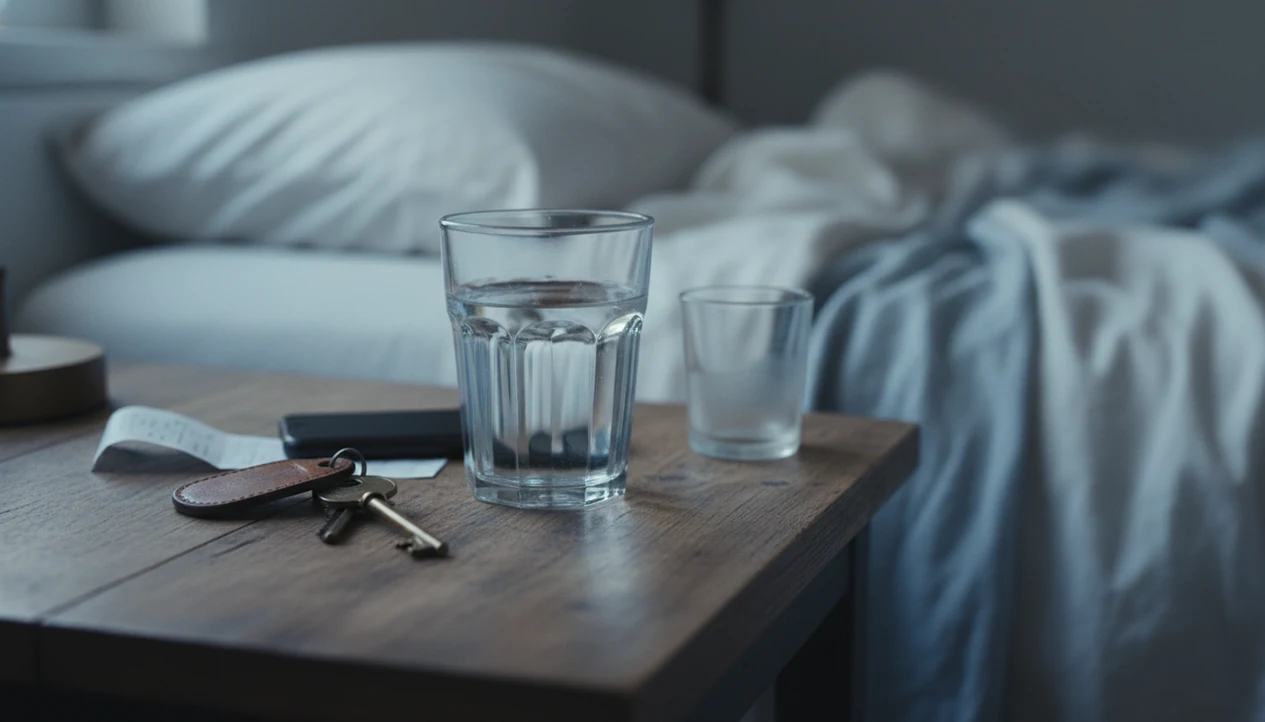 A dawn bedside still life with water, keys, phone, and a blank receipt suggesting a missing night.