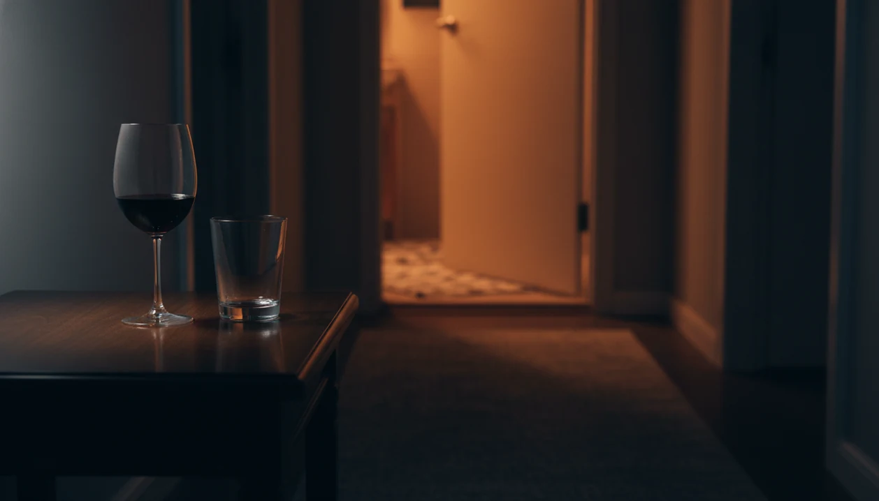 A wine glass on a bedside table faces a softly lit bathroom doorway at night.