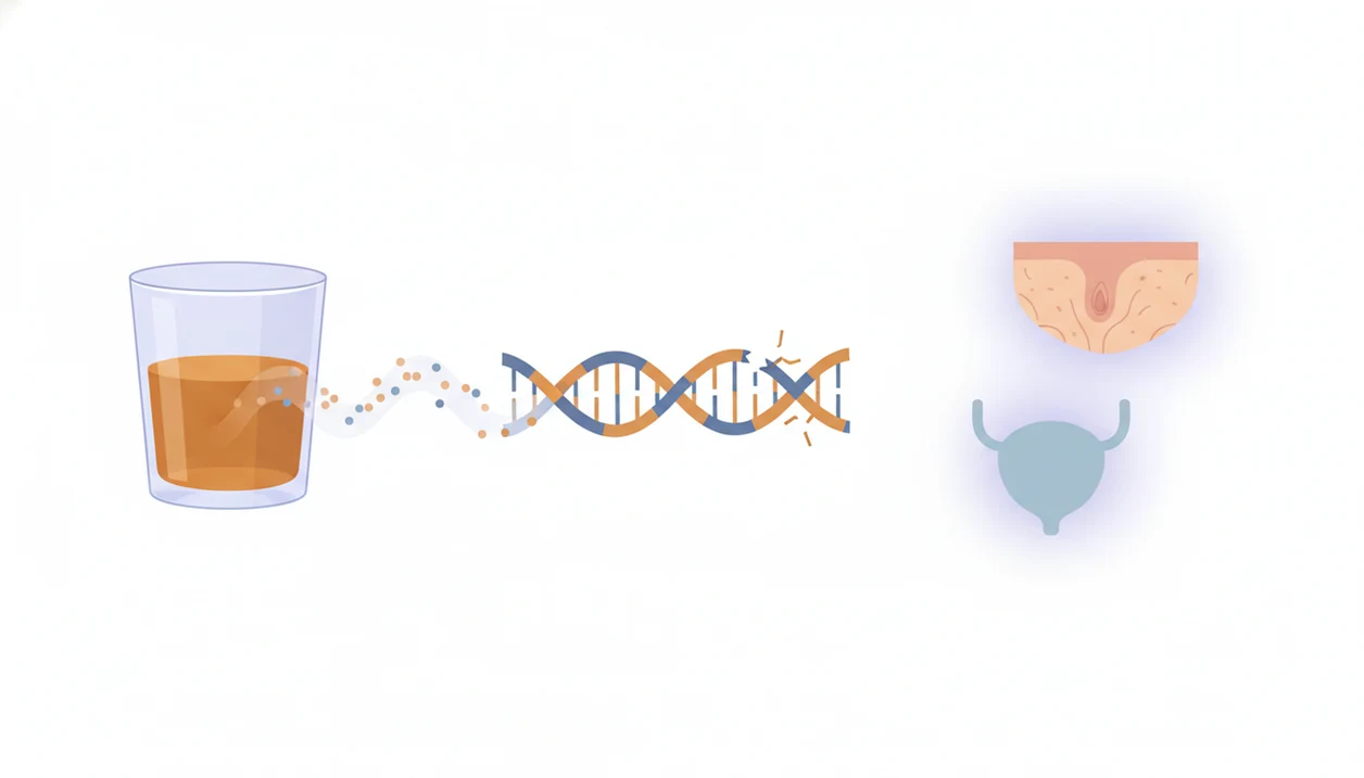 Alcohol, DNA damage, bladder tissue, and skin are shown in a calm medical-style illustration.
