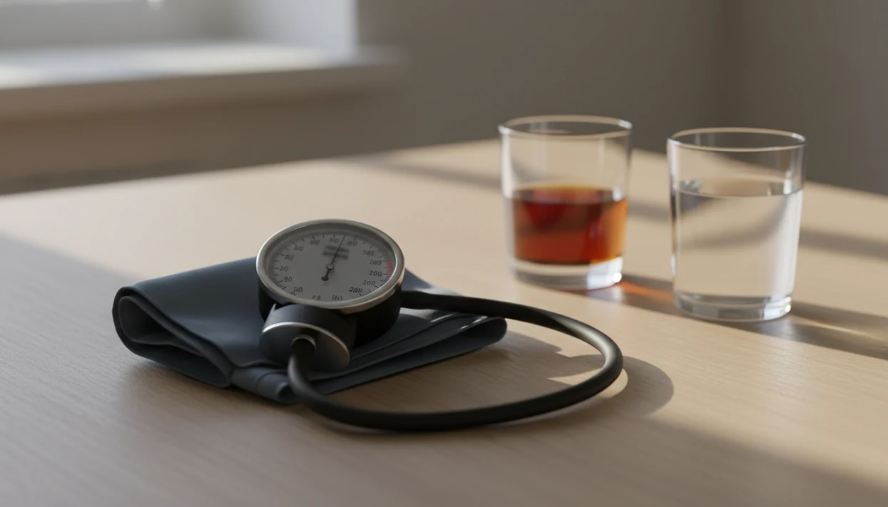 A home blood pressure cuff sits beside an alcoholic drink and water on a quiet kitchen table.