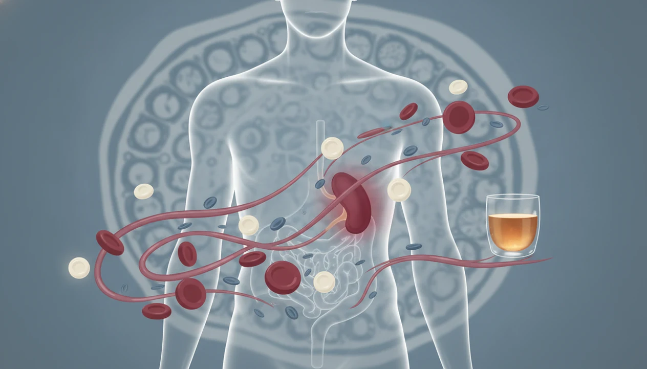 A medical illustration shows blood cells flowing near a highlighted spleen with alcohol suggested in the background.