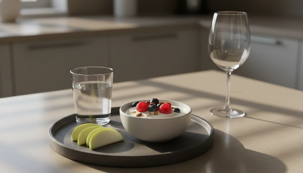 A balanced snack and water sit in focus while an empty wine glass rests blurred in the background.