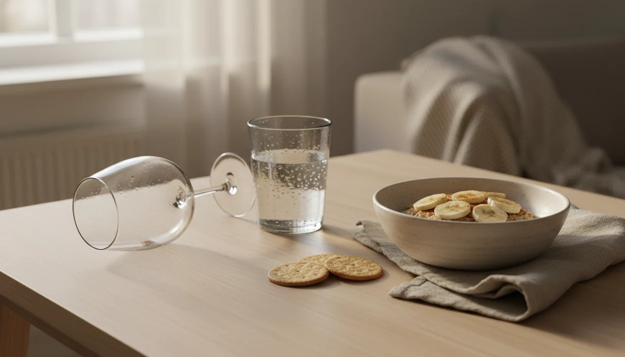A morning table with an empty wine glass, water, oats, banana, and crackers suggesting next-day fatigue.
