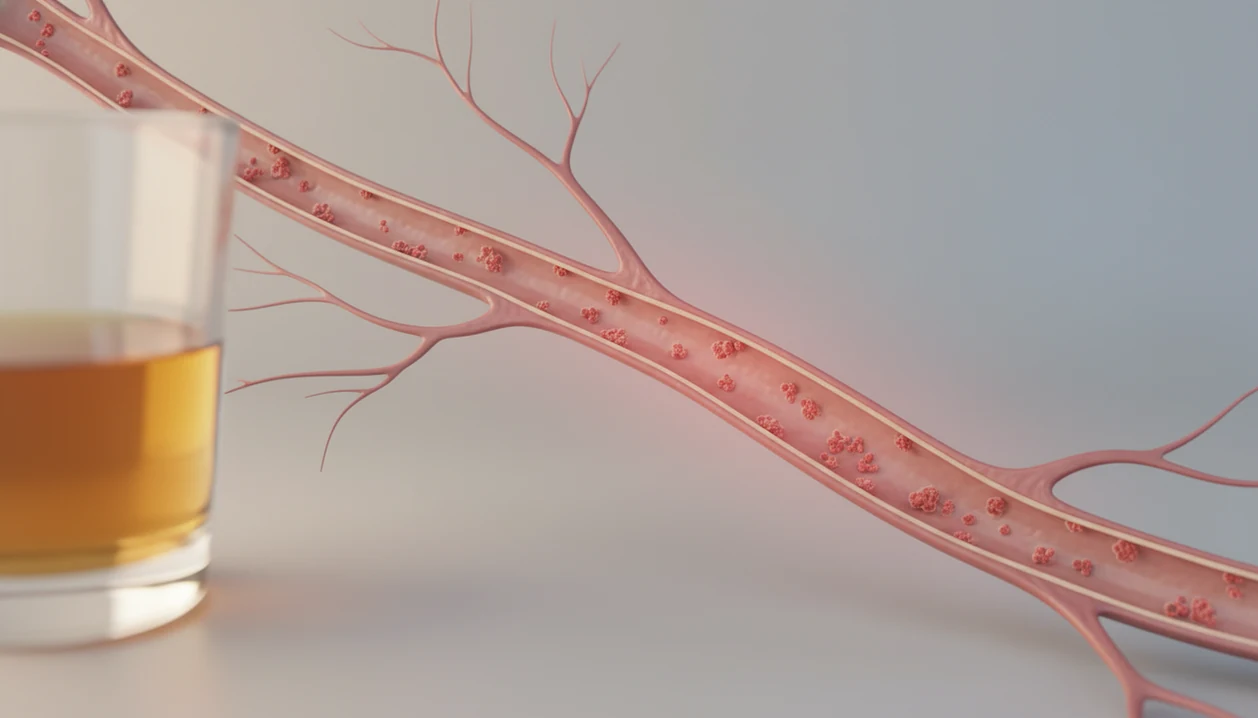 A glass of alcohol sits beside an illustrated network of strained blood vessels and clot-like particles.
