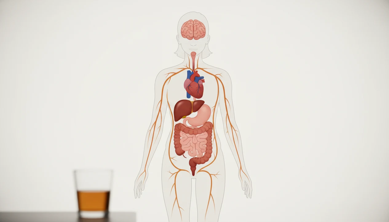 Illustration of alcohol reaching the brain, liver, heart, gut, kidneys, and bloodstream.