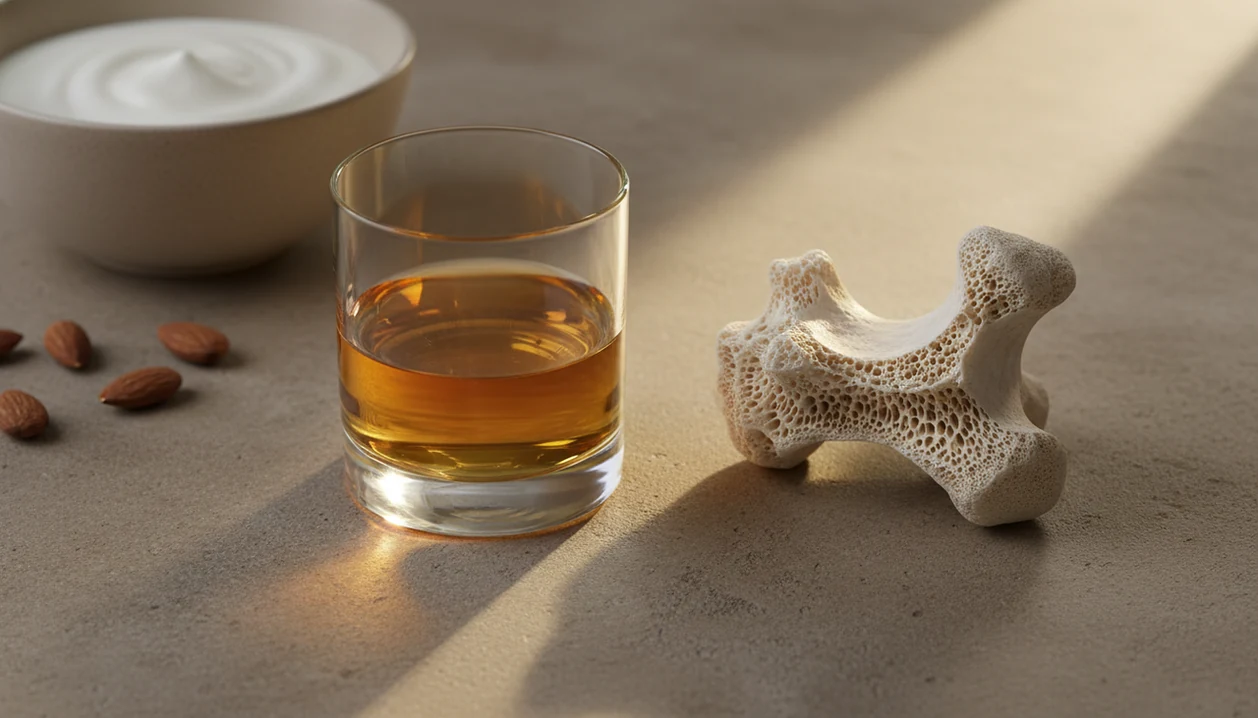 A glass of alcohol casts a shadow across a porous bone model on a neutral surface.