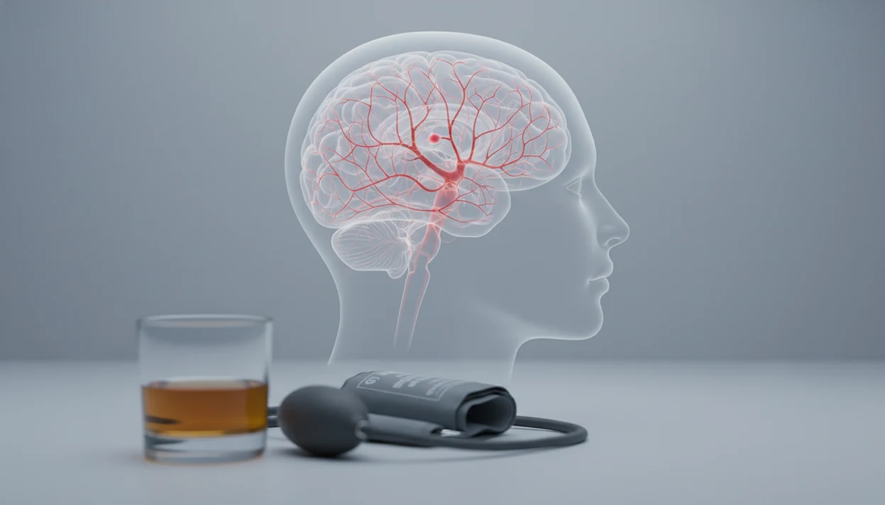 A medical illustration links alcohol, blood pressure, and a small brain artery aneurysm.