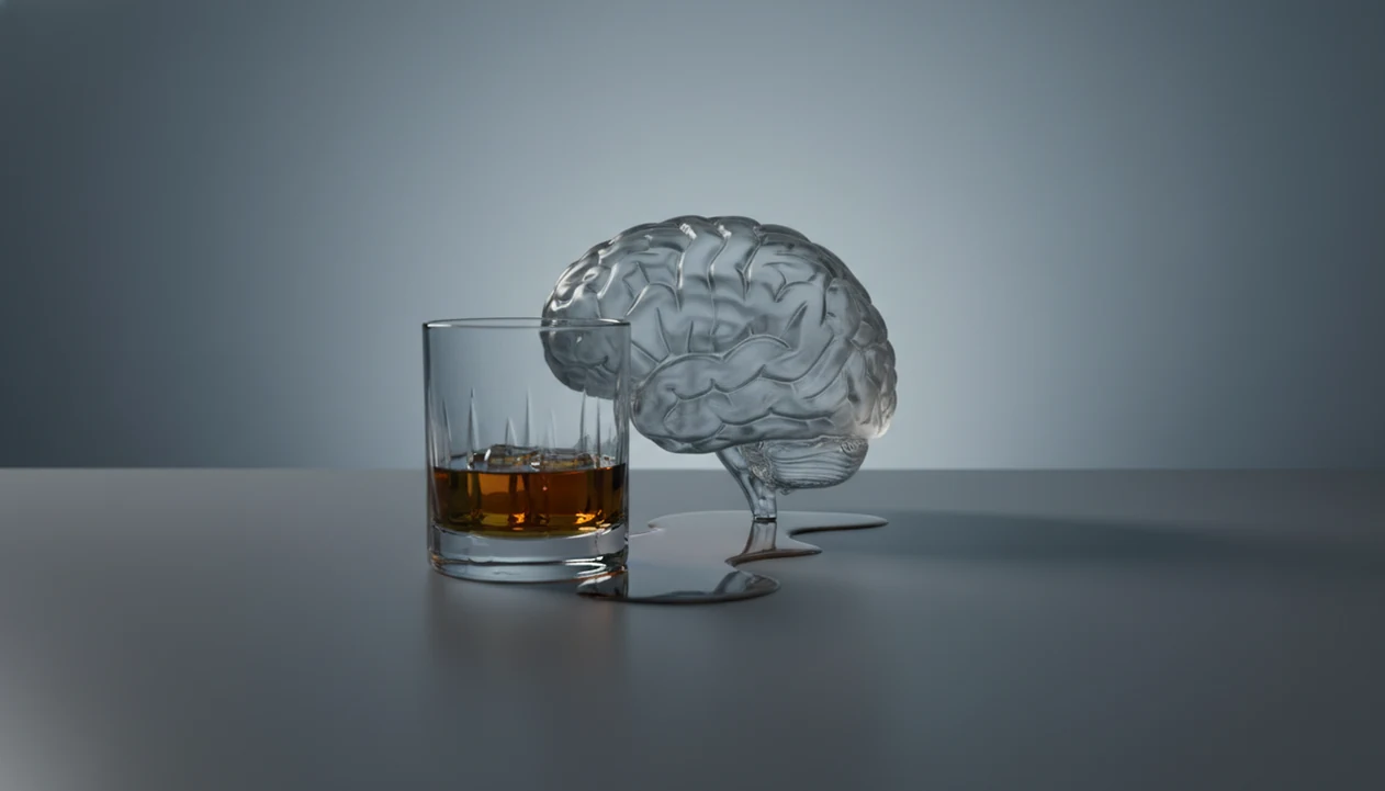A frosted glass brain model sits near a tumbler of amber alcohol on a dark reflective surface.