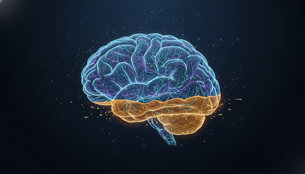 A translucent brain illustration shows amber alcohol-like waves disrupting glowing neural pathways.