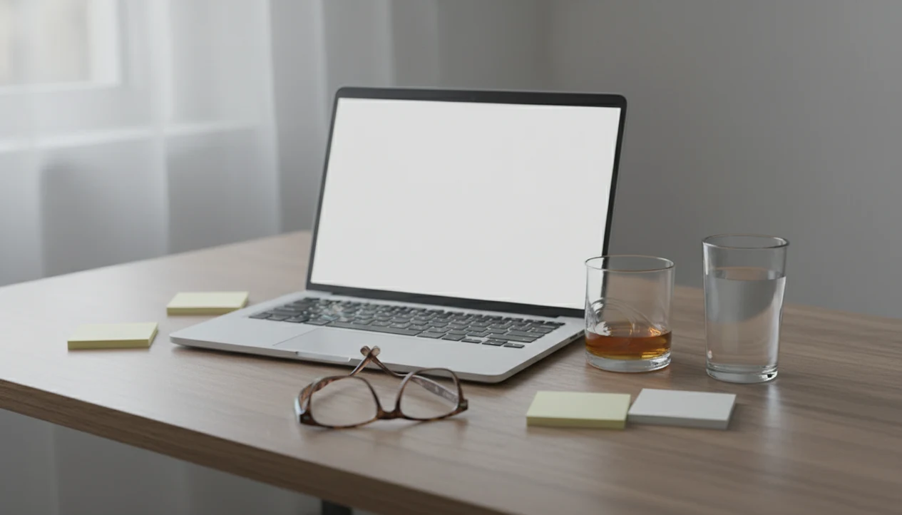 A foggy morning desk with a blurred laptop, glass of water, and alcohol tumbler suggests poor focus after drinking.