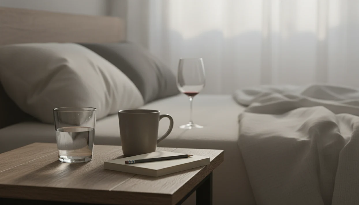 A bedside still life shows water, a notebook, and an empty wine glass in hazy morning light.