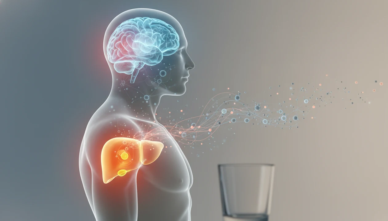 Illustration of liver-to-brain signaling with a glass nearby, suggesting alcohol-related inflammation and cravings.