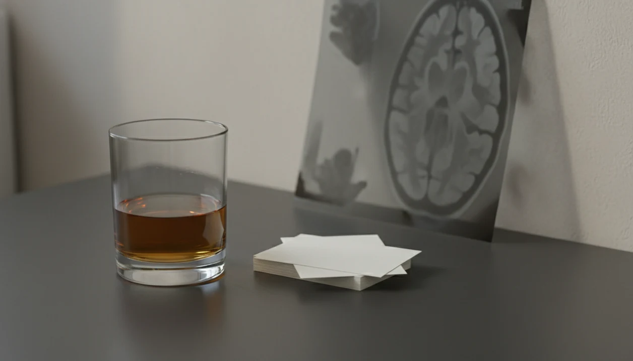 A glass of alcohol sits beside abstract brain scan film and blank memory cards on a dark tabletop.