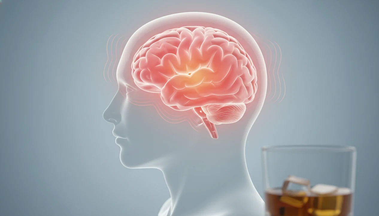 A translucent head illustration shows a highlighted brain with subtle pressure lines near a blurred drink.