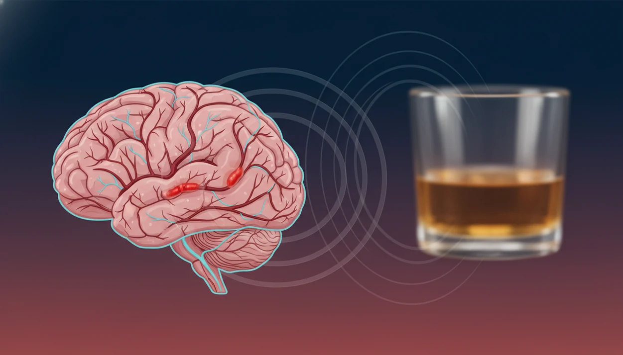 A brain illustration with highlighted blood vessels beside a glass of alcohol, suggesting vascular risk.