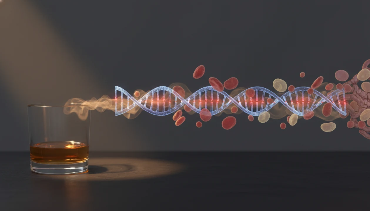 A glass of alcohol fades into abstract DNA damage and inflammation imagery on a dark background.