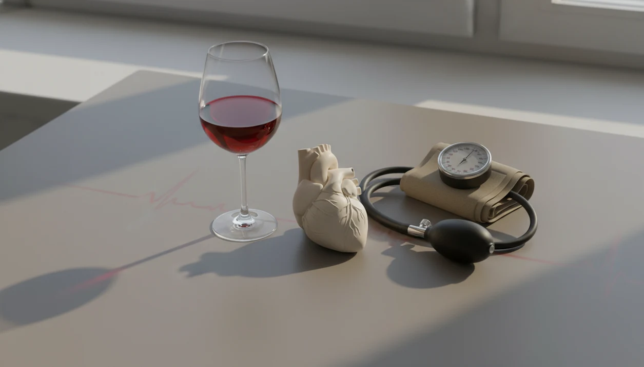 A wine glass, heart model, and blood pressure cuff suggest alcohol’s strain on cardiovascular health.