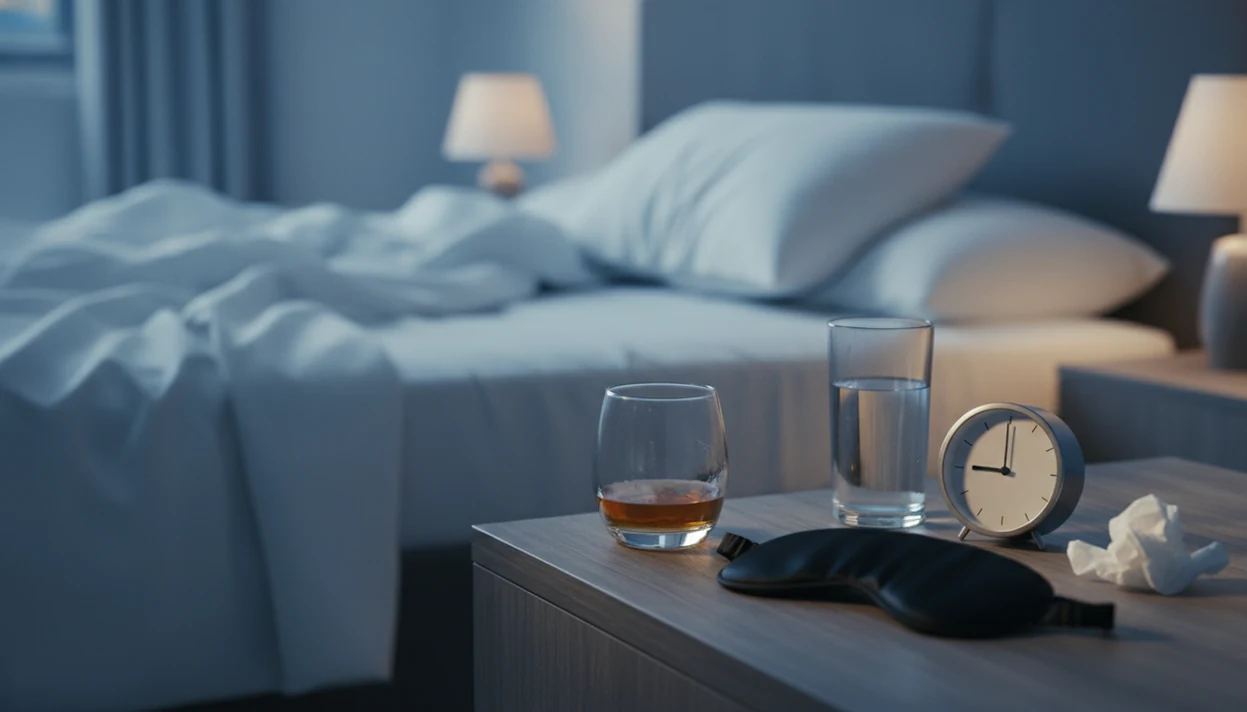 A bedside table with alcohol, water, and rumpled sheets suggests fatigue after a restless night.