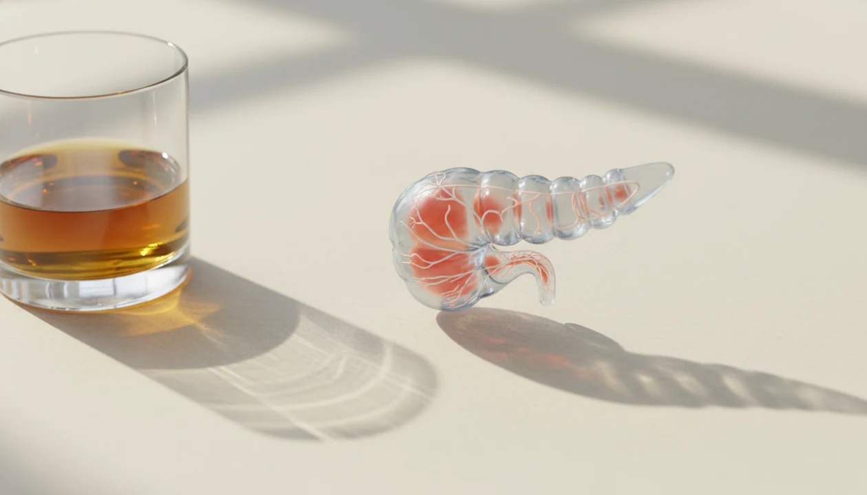 An illustrated pancreas with inflamed scarring sits near a glass of alcohol in soft clinical light.