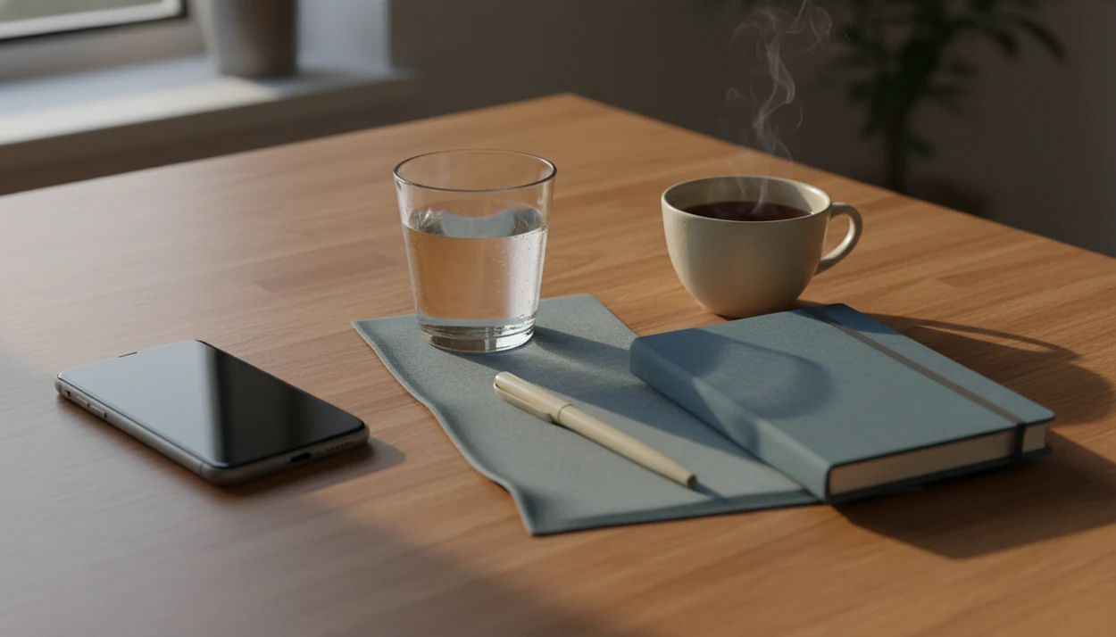 A phone, notebook, pen, and glass of water on a quiet table suggest choosing the right support.