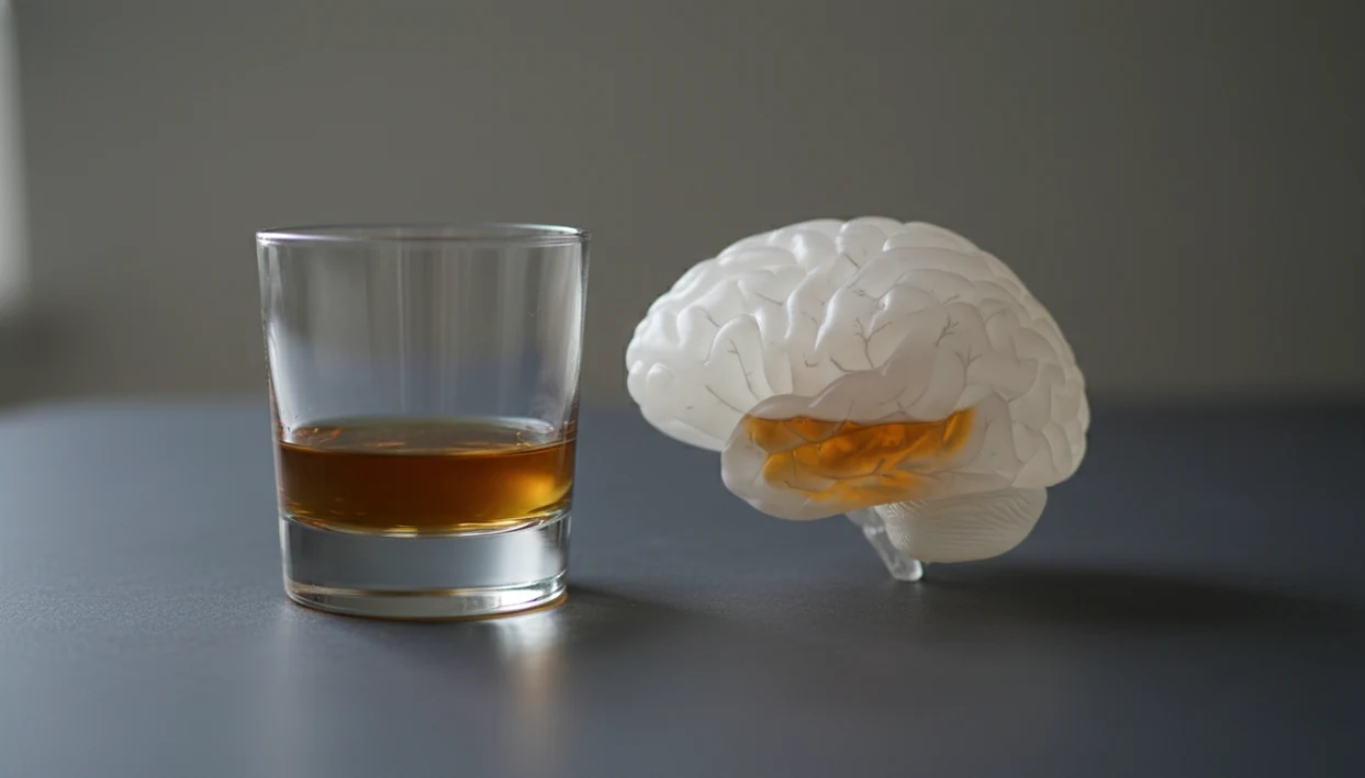 A glass of alcohol casts a warm shadow beside a translucent brain model on a dark surface.