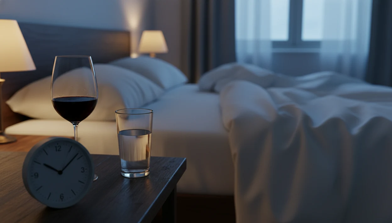 A bedside clock near three o’clock sits beside a wine glass in a dim, rumpled bedroom.
