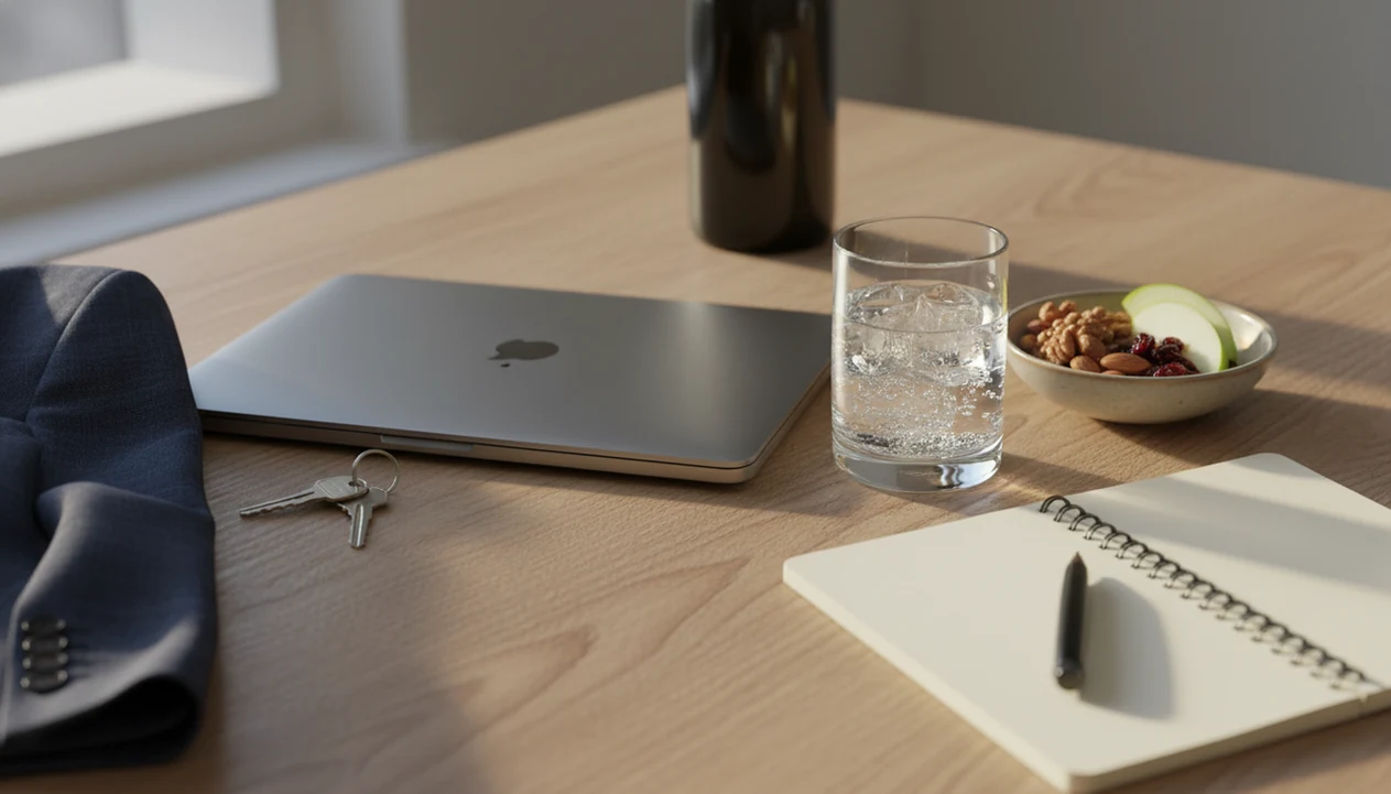 An after-work counter scene with sparkling water, snacks, keys, and a blank notebook for craving planning.