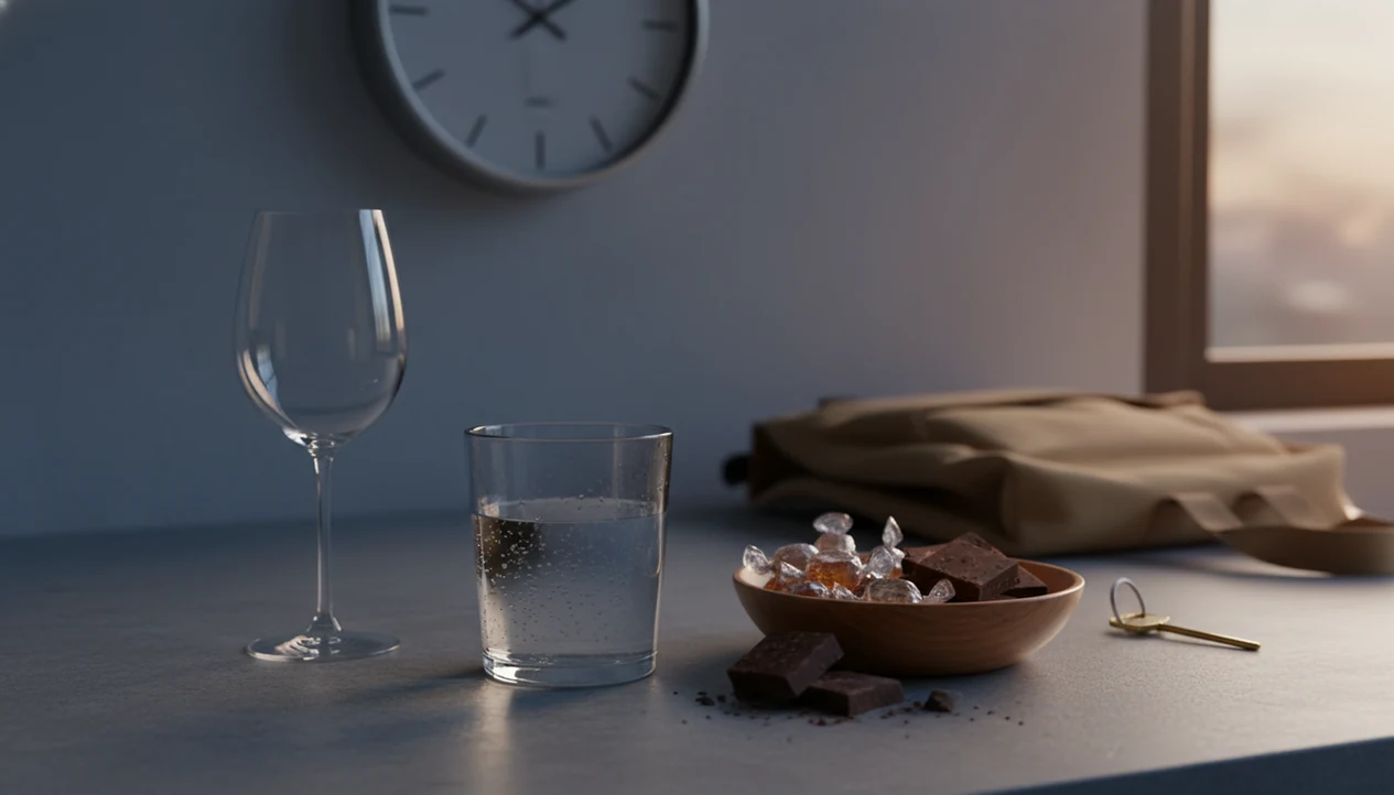 An empty wine glass, water, sweets, and evening cues suggest cravings after cutting back alcohol.