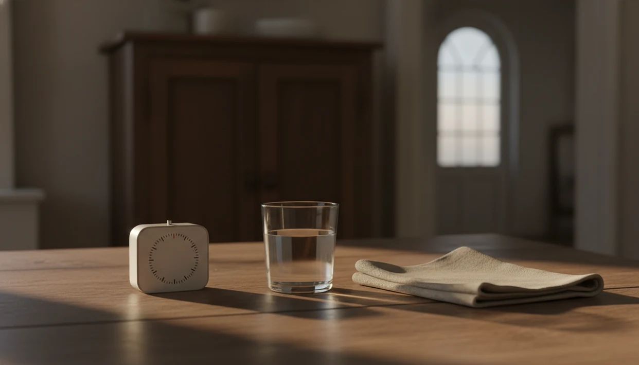 A kitchen timer and glass of water sit on a quiet table, suggesting a pause during an alcohol craving.