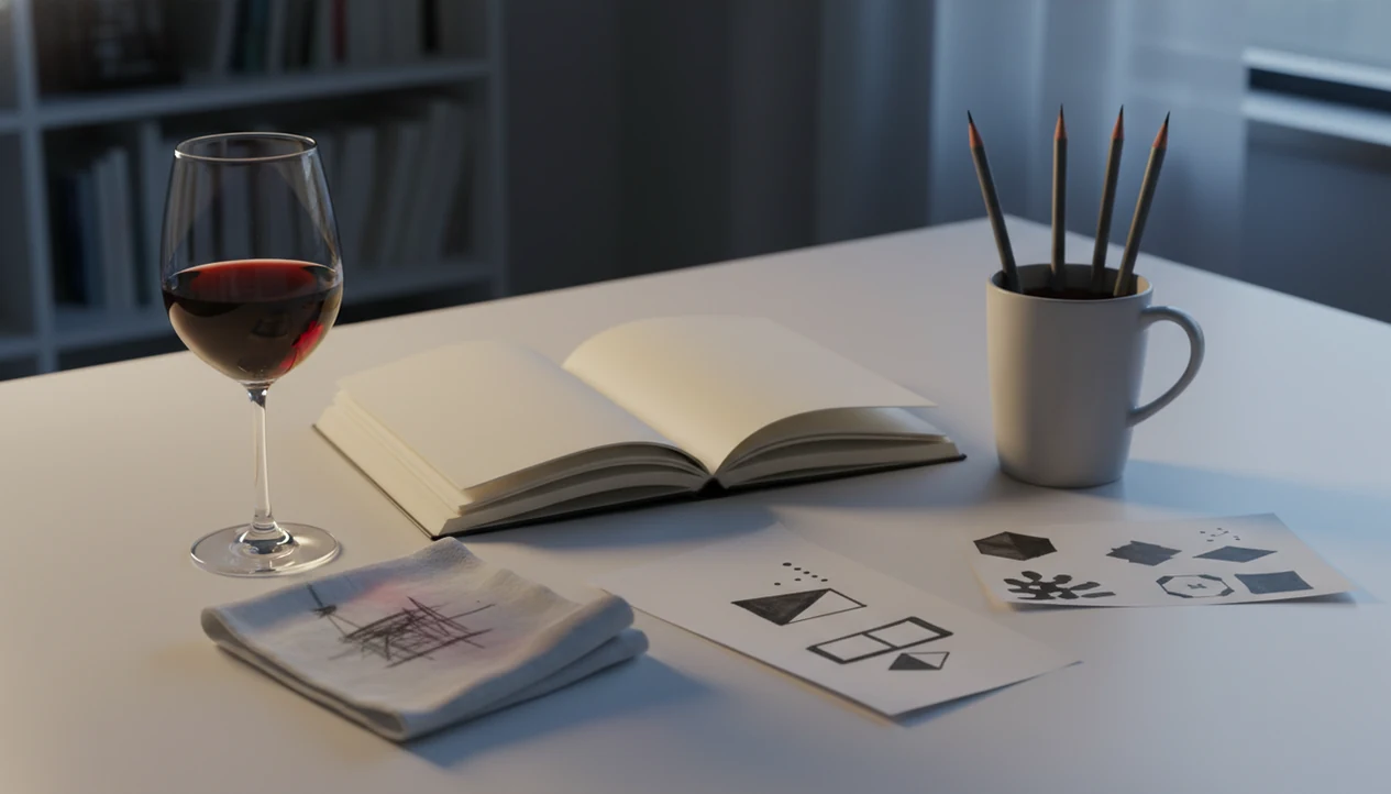 A wine glass sits beside blank creative tools on a desk, contrasting loose inspiration with focused follow-through.