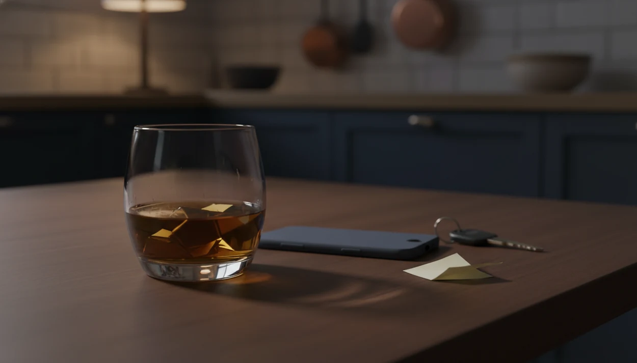 A glass of alcohol distorts nearby keys, a phone, and a note on a dimly lit table.