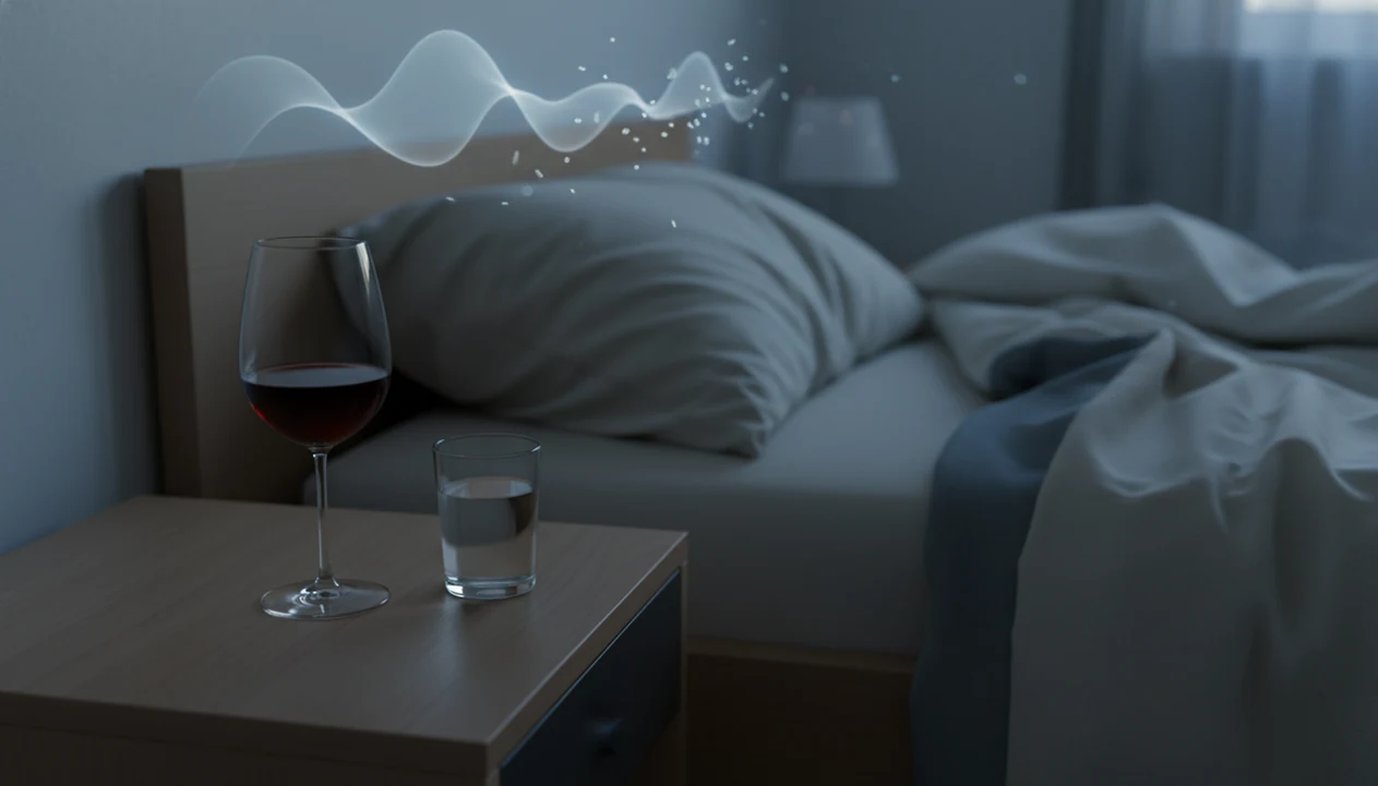 A wine glass on a bedside table beside a rumpled bed suggests disrupted sleep and morning brain fog.