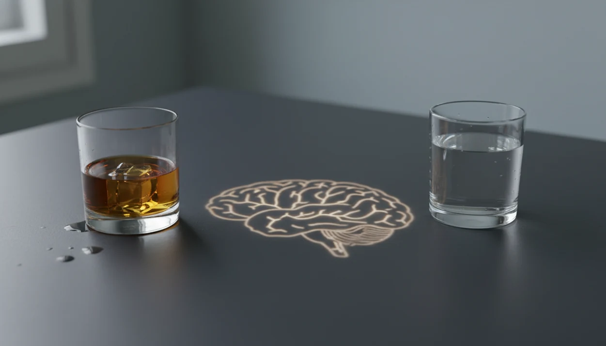 A glass of alcohol and water cast a subtle brain-shaped shadow on a dark tabletop.