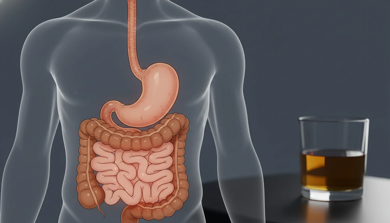 A medical-style torso illustration highlights the stomach and colon beside a glass of alcohol.