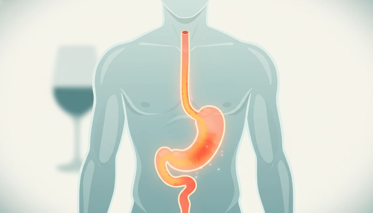 Illustration of acid reflux rising from the stomach into the esophagus after alcohol use.