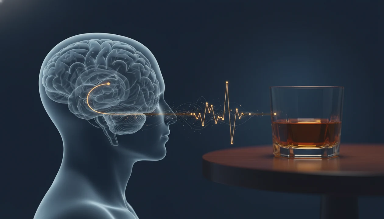 A conceptual brain illustration links glowing reward pathways to a glass of alcohol on a dark table.