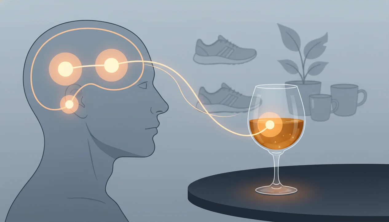 A brain reward pathway glows beside a drink, with healthier reward cues softly visible in the background.