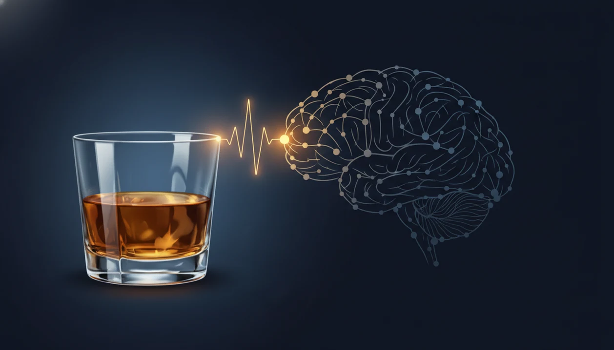 A glass of alcohol sends fading signal pulses into an abstract brain network, suggesting tolerance.