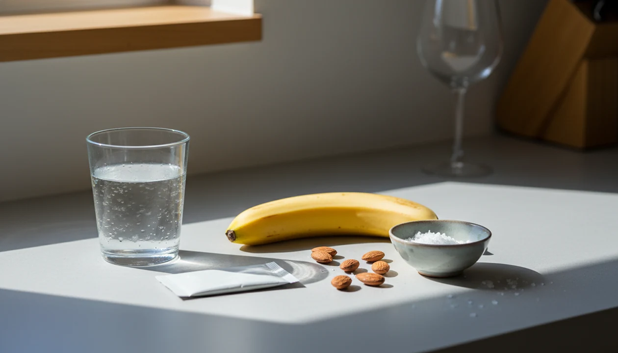 A glass of water, simple electrolyte foods, and a blurred empty wine glass on a morning countertop.